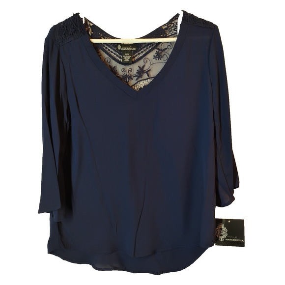 Signature Tops - NWT Signature Studio Womens MEDIUM Navy Blue Dress Blouse Shirt Sheer Back